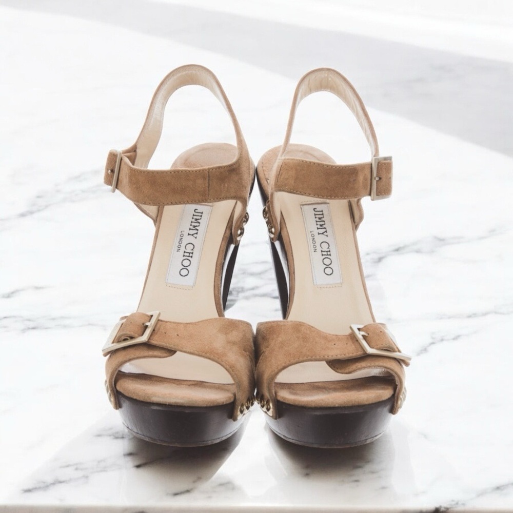Designer Jimmy Choo Tan Suede Leather Heeled Sandals